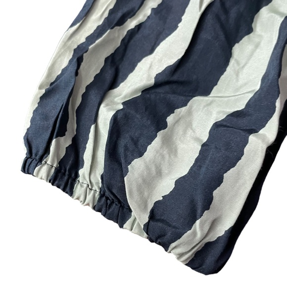 Tibi Silk Wooden Decor Blouse 6 navy white geometric cotton striped balloon - Picture 8 of 13